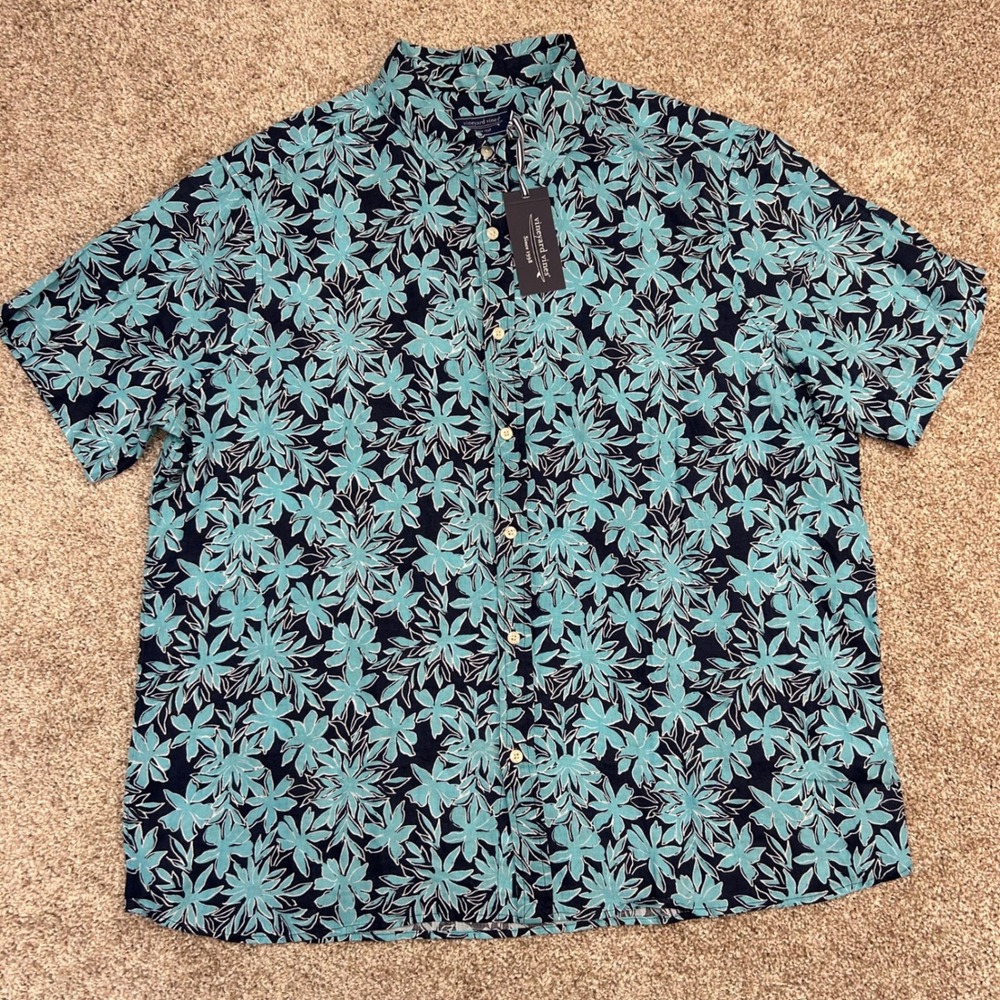 NWT Vineyard Vines Dockside Floral Printed Linen Shirt Men Size XL Navy Blue - Picture 2 of 9